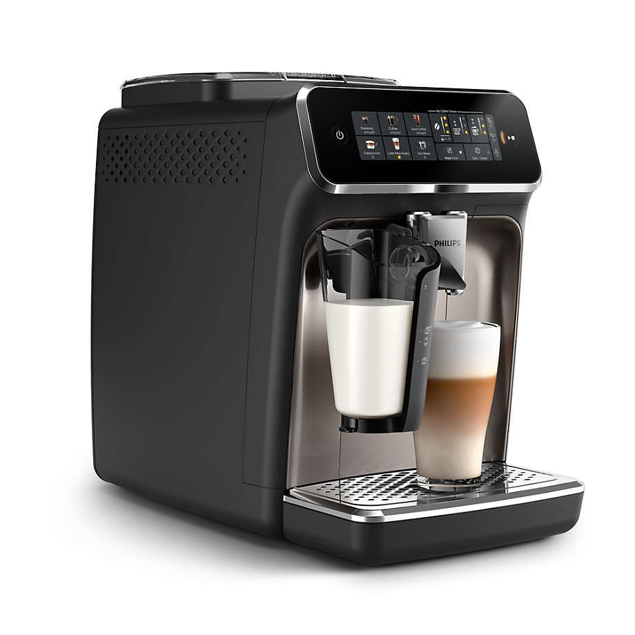 Philips 3300 LatteGo, vue trois-quarts latérale avec préparation latte