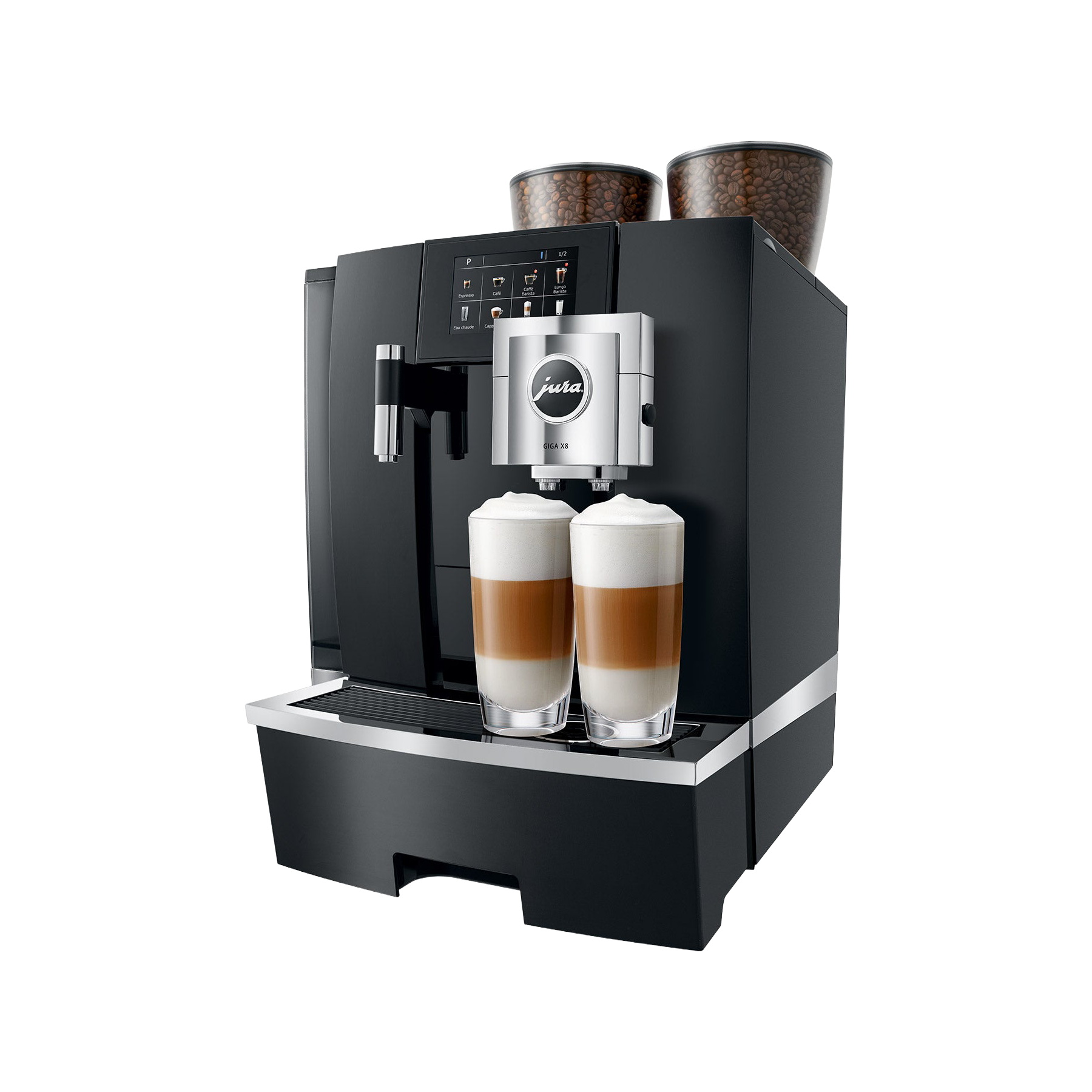 JURA GIGA X8 trois quarts face avec espressos